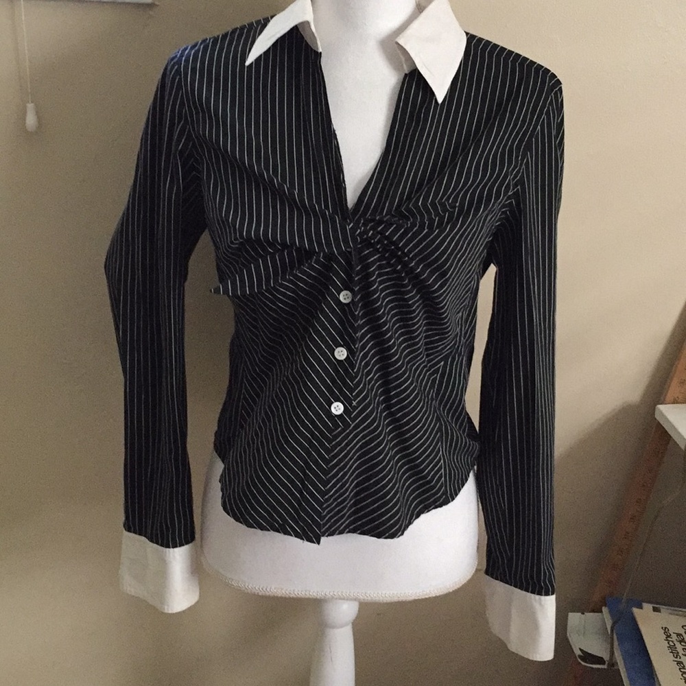 ECI New York Black and White Striped Button Down Blouse Top